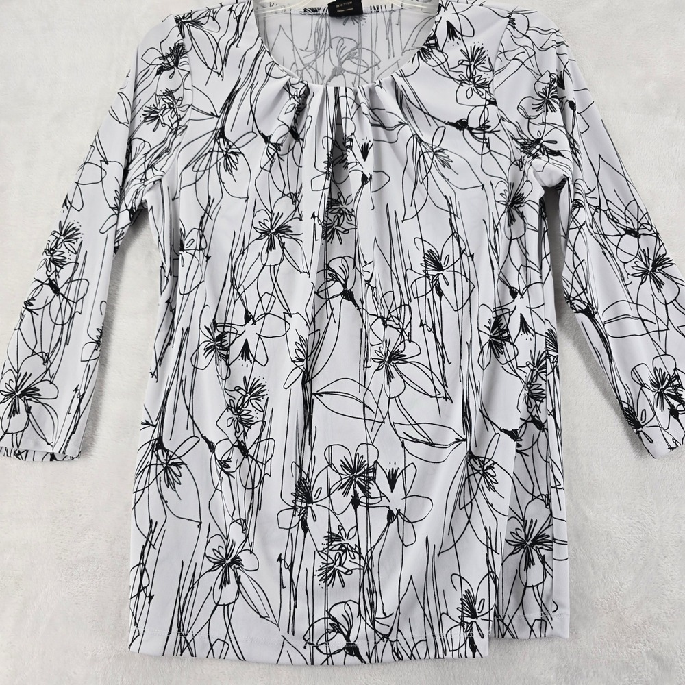 Worthington‎ Blouse Womens S Top White Black Floral Pleated Neck 3/4 Sleeve